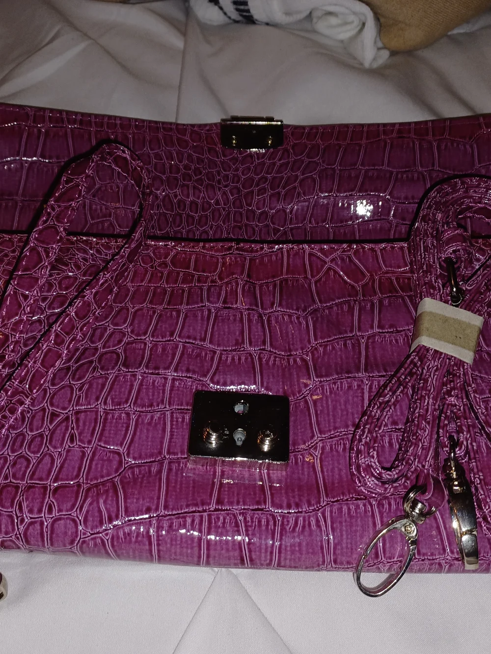 Bellini Purple Croc-Embossed Clutch Bag with Silver Hardware